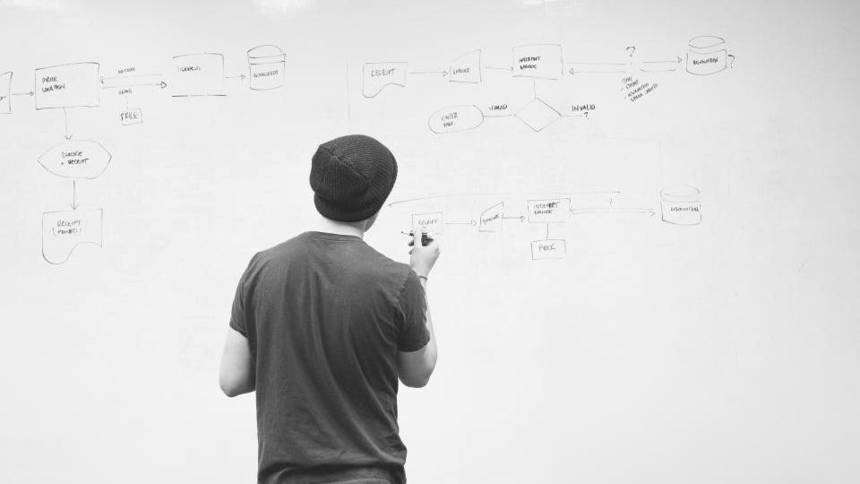 A strategist sketching a flowchart on a large whiteboard