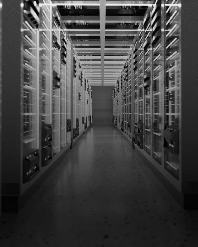A symmetrical, softly lit aisle of power and server cabinets in a data center